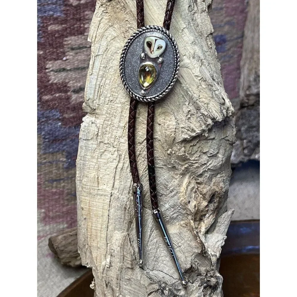3D Amber Nature OWL Cameo Silver Lariat Black Bolo Tie Wedding Father's Day Dad - Picture 2 of 12